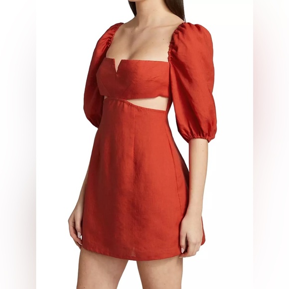 Rumer the Label NWT Freya Mini Linen Puff Sleeve Cutout Dress Tuscany Sz L $269 - Picture 4 of 8